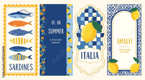 Set of summer mediterranean style posters with lemons and sardines