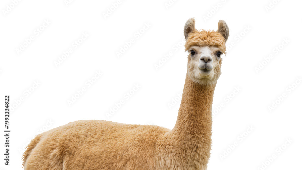 Fototapeta premium Isolated adorable fluffy alpaca with soft beige wool standing and looking directly at camera