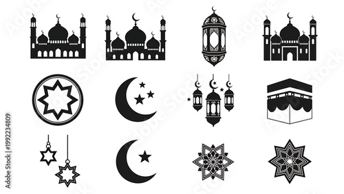Collection of Islamic cultural icons including mosques, crescent moons, stars, lanterns, and geometric patterns
