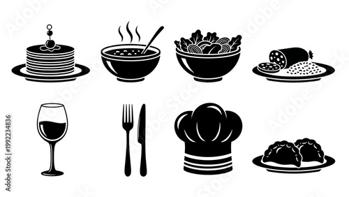 A comprehensive set of monochrome vector icons representing various food items, kitchen tools, and dining essentials, perfect for restaurant menus, culinary apps, and web interfaces