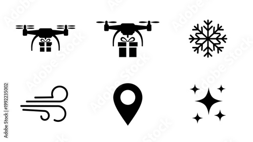 Set of flat icons representing drone delivery, weather conditions, and navigation for logistics and mapping services