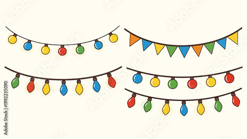 Set of colorful cartoon string lights and bunting flags for festive decorations, celebrating holidays and parties