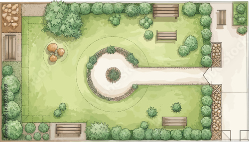 Top Down View of a Modern Residential Garden Landscape Design Plan with Circular Path and Wooden Benches