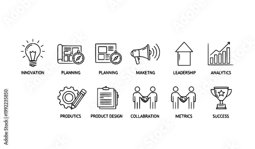 Startup strategy and business growth icon vector set with innovation planning analytics marketing and success UI symbols