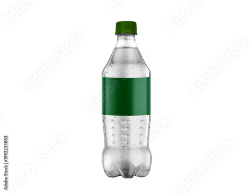 Plastic water bottle with green label isolated on white background