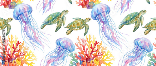 Watercolor style illustration of sea turtles, jellyfish, and coral as marine life pattern