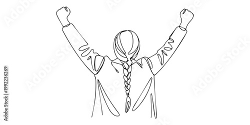 Continuous one line drawing Back view of happy girl with hands up. International youth day concept, back view of woman raising her arms in relax way in nature, Beautiful girl back view icon vector pro