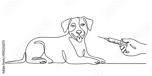 Dog with injection continuous line drawing, Dog. Graft. Rabies. One line, Stylized line drawing of a puppy receiving an injection from a veterinarian, minimal pro vector illustration concept style.
