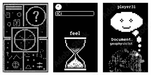 Three pixelated black and white images displaying abstract symbols and faces