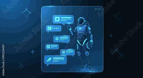 Futuristic astronaut interacts with a holographic interface in a space exploration scenario