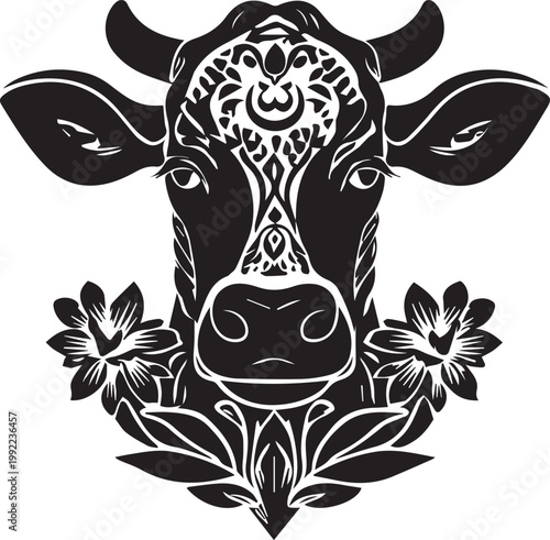 Cow head design with intricate floral patterns and cultural artistic vector on white background