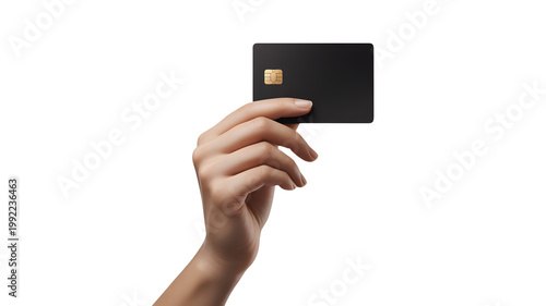 A human hand holds a blank black credit card with a gold chip isolated on transparent background