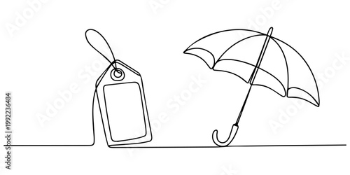 sale tag with umbrella continuous one line drawing, umbrella, Cute umbrella for monsoon season, Premium logo design of umbrella in heavy rain with raindrops splashing, creating a moody dramatic scene.