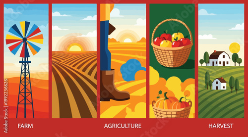Set of agricultural banners depicting farm life, agriculture, and harvest