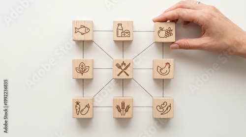 Food network and nutrition ecosystem concept with wooden cubes on white background