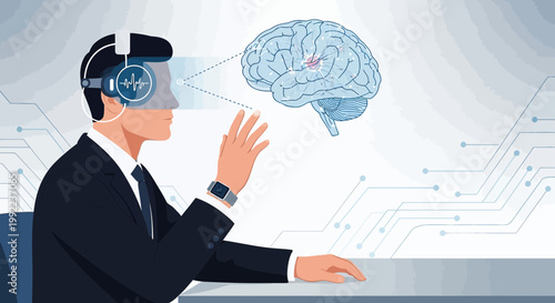 Futuristic brain exploration concept with man in VR headset interacting with brain visualization