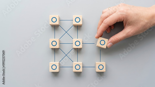 Abstract concept of systematic organization and digital network structure with wooden blocks