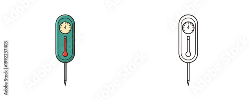 Classic meat probe thermometer in teal color and black line styles used for measuring internal temperature of food during grilling and roasting