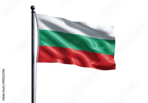 Flag of bulgaria waving on a flagpole, isolated on white background
