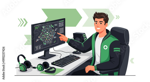 Focused gamer immersed in the digital world interacting with a complex virtual environment interface