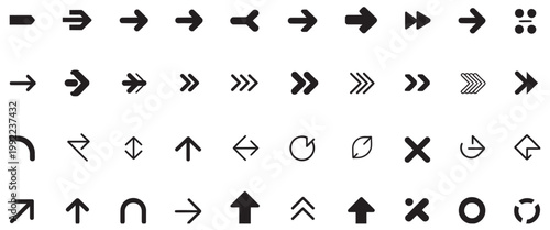 Diverse vector collection of black arrow icons and navigation symbols for digital interfaces and graphic design.