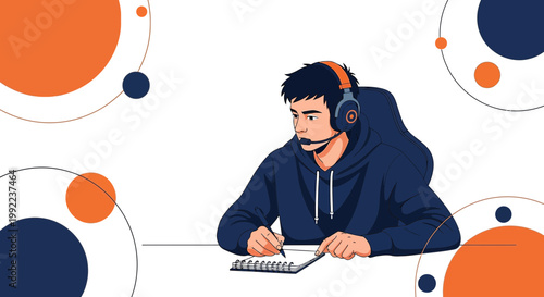 Focused gamer taking notes with headset on a desk against abstract backdrop design