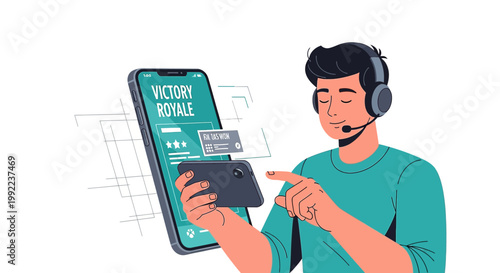 Focused gamer immersed in mobile esports competition with victory displayed on screen