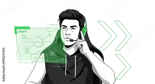 Focused gamer with headset immersed in virtual reality interface and digital strategy