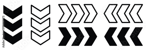 Bold chevron arrow icons in solid black and outline styles, pointing downwards and horizontally, for design.