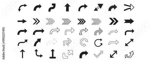 Extensive vector set of black arrow icons featuring diverse curved, straight, and rotational styles for design.