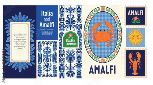 Cuadro en lienzo Italian summer themed set with amalfi coast motifs, blue and white ceramic patte