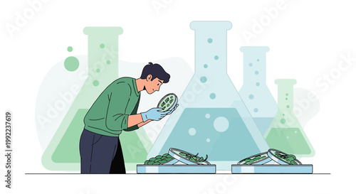 Focused scientist examining petri dish sample in laboratory with chemical substances