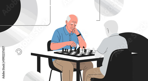 Focused senior man playing chess with opponent, strategic game vector illustration