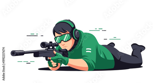 Focused sharpshooter in prone position aiming through the scope of a sniper rifle illustration