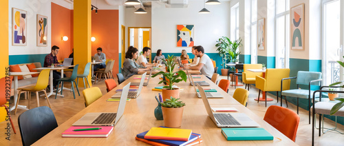 Multiple people collaborating at a long office table using laptops in a bright modern workspace