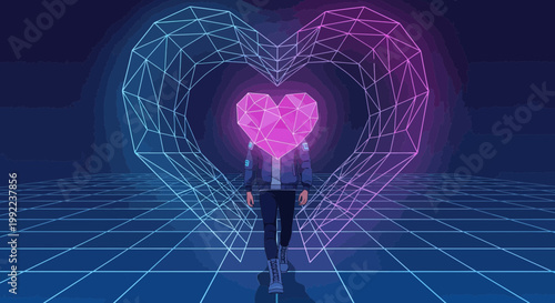 Futuristic Cyberpunk Heart Tunnel with Person, Neon Grid, Digital Love Concept