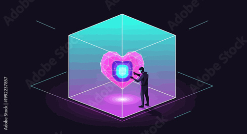 Futuristic Cube with Glowing Heart and Person in VR Goggles, Abstract Geometric Love Concept
