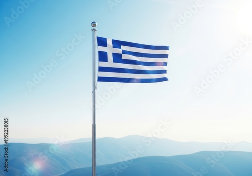 Waving flag of greece on a flagpole against a clear blue sky and mountains greek national symbol