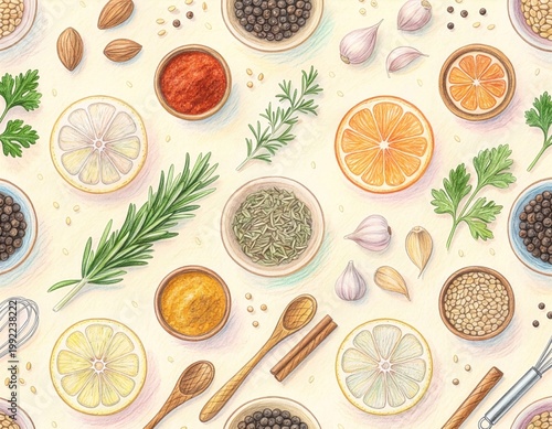 ingredient flat lay pattern colored pencil style