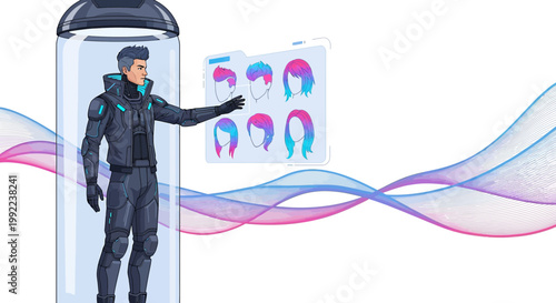 Future avatar selection interface, person encased in glass, advanced technology and hairstyle