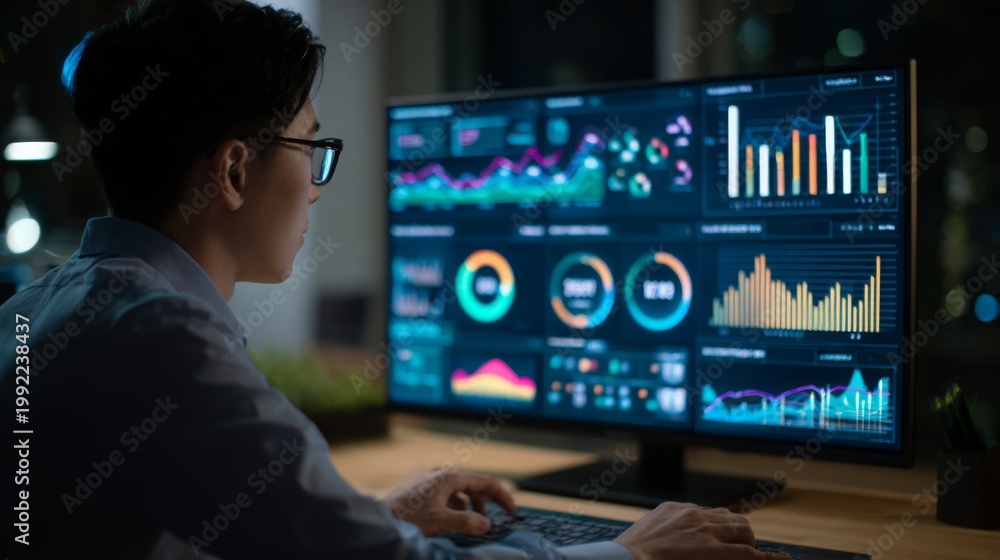 Fototapeta premium Businessman Analyzing Financial Data Using Advanced AI Analytics on a Modern Dashboard Display in an Office Environment