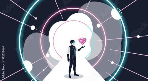 Futuristic Man Holding Pink Diamond Heart in Abstract Sci-Fi Portal