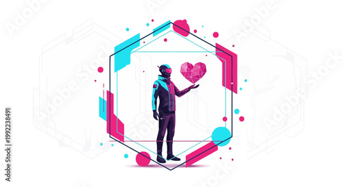 Futuristic Man in VR Gear Offers Digital Heart in Abstract Geometric Hexagon