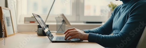 A person in a blue sweater working on a laptop at a desk in an office