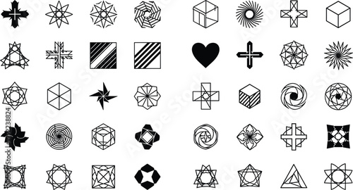 Geometric abstract shapes icons set with mandala patterns cubes stars and decorative design elements collection
