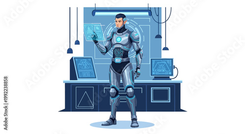 Future Tech Integration A Cybernetic Man Operates Digital Interface in Futuristic Lab