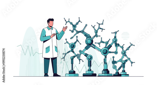 Future technology conceptual depiction featuring a scientist and molecule structures