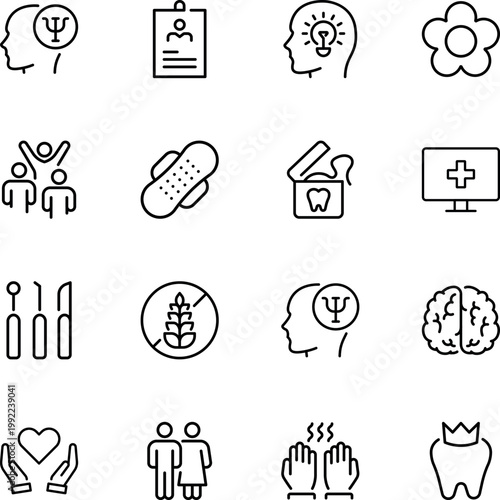 medical and health care icons set, head profile, badge, lightbulb, flower, bandage, dental floss, monitor