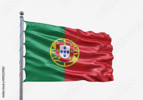 Portuguese flag waving in the wind, isolated on white background