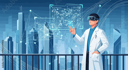 Future urban technology showcase with vr doctor analyzing data in a modern cityscape backdrop